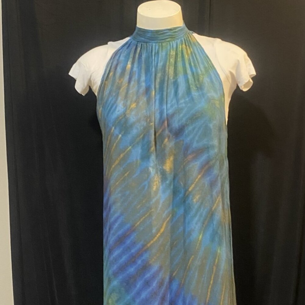 Blue & Green Tie Dye Halter Midi Dress | Rayon Sun Dress | Size M | Boho